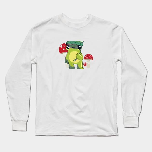 Cute Frog with Leaf Umbrella and Mushrooms Cottagecore Long Sleeve T-Shirt by uncommontee